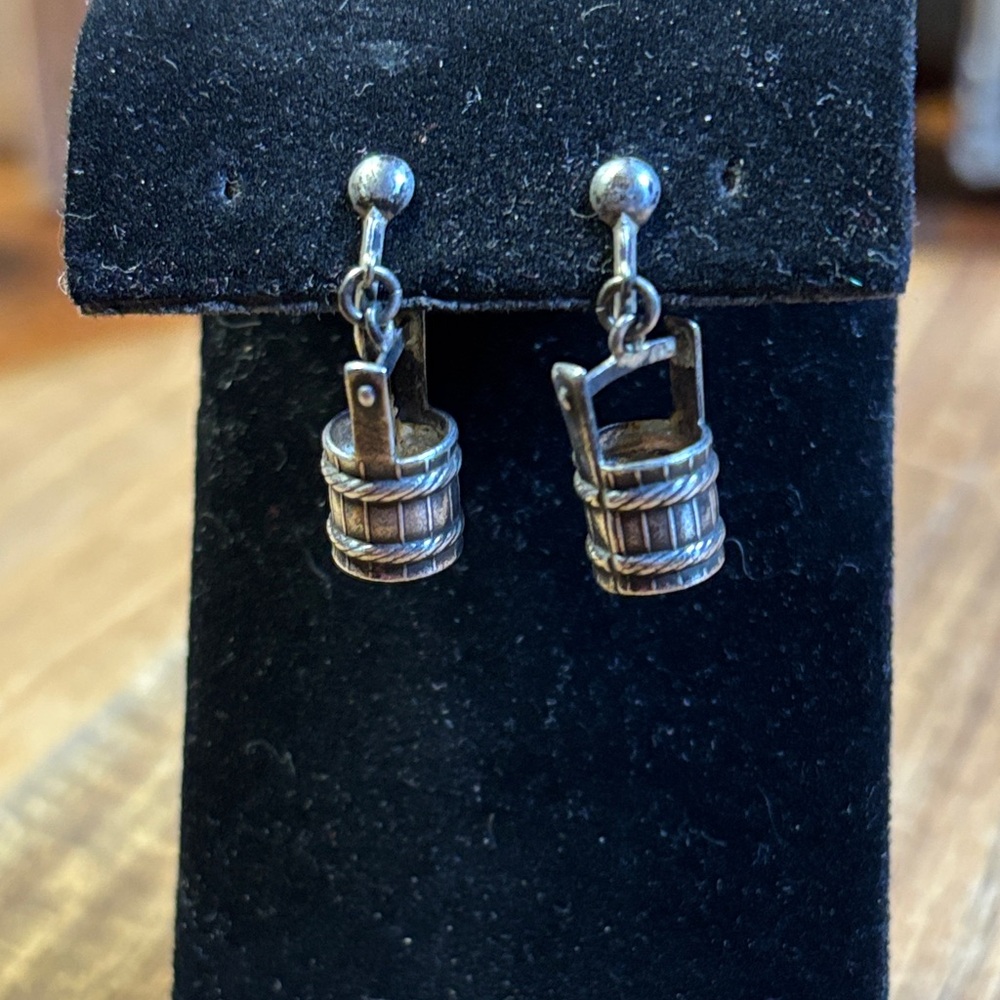 Mid century 950 silver wishing well bucket earrings